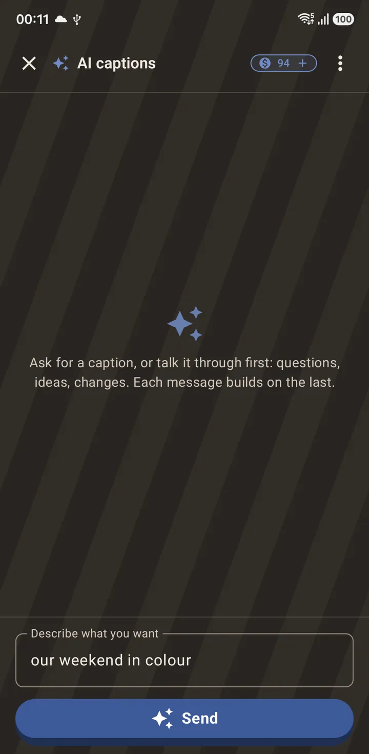 The chat opens with the caption you had already written, ready to send.