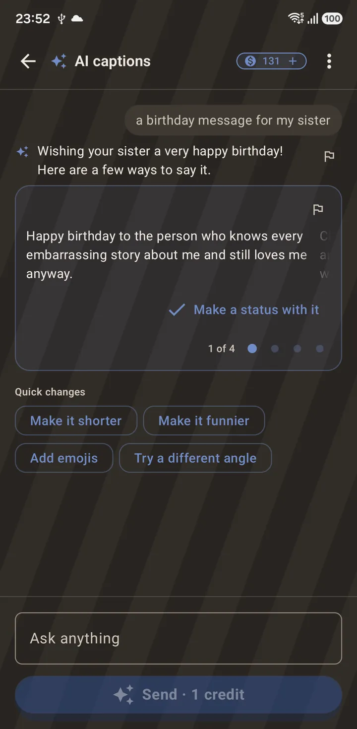 A reply plus a swipeable card of caption options. The balance ticks down by one.