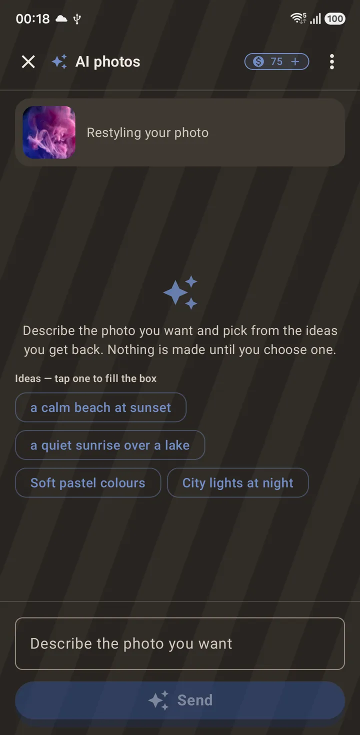 Restyle pins the photo being repainted above the chat.