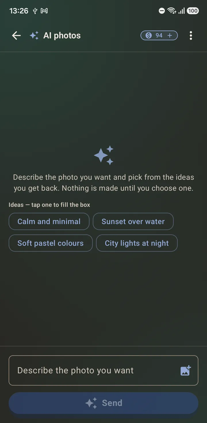 The AI photos chat opens on ideas, not an empty box.