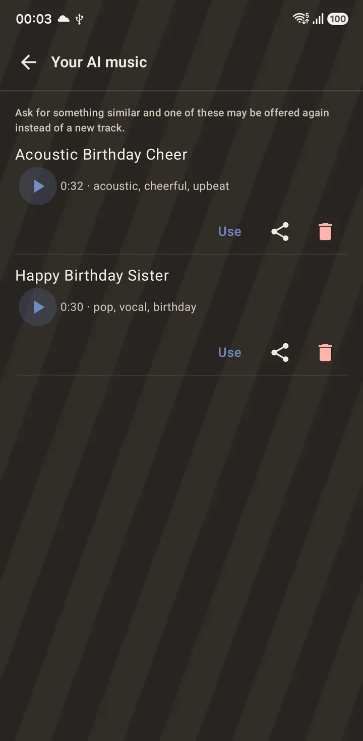 Tracks you have already made. Play, attach, share or delete any of them.