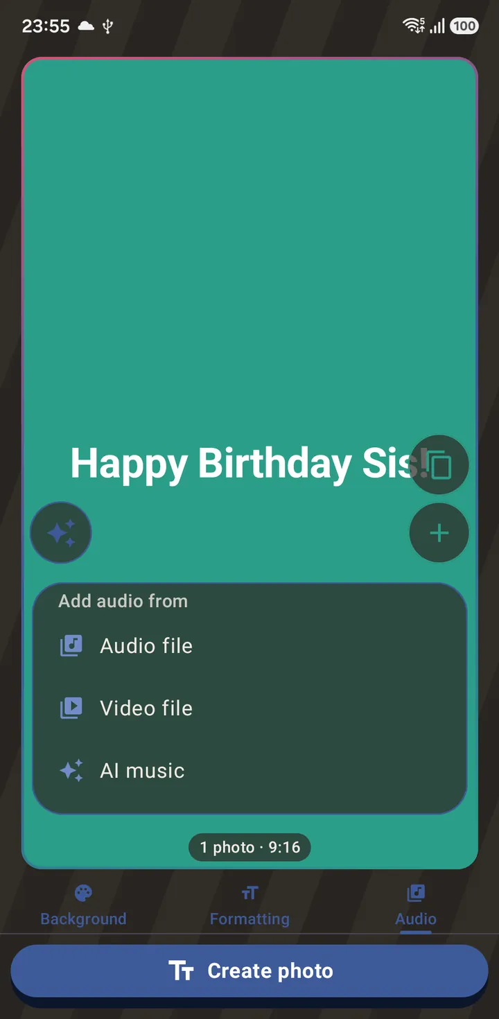 The audio sources, here on a text status. AI music sits beside the two file options.