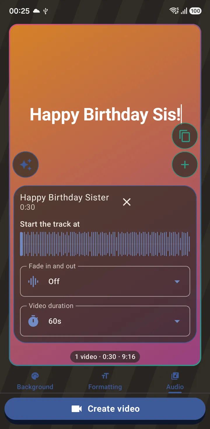 Attached to a text status — the button flips to Create video, because a status with audio exports as one.