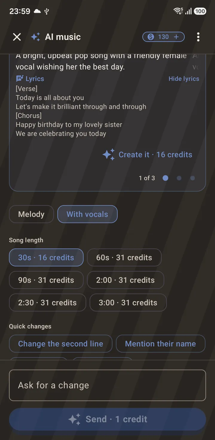 The same message switched to vocals: a sung direction, its lyrics, and chips that edit the words rather than the sound.