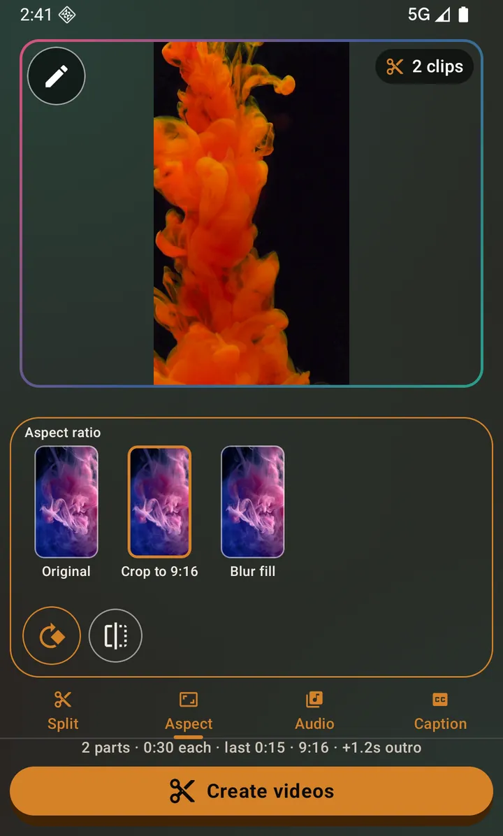 Crop to 9:16 applied — the preview shows exactly what gets exported.