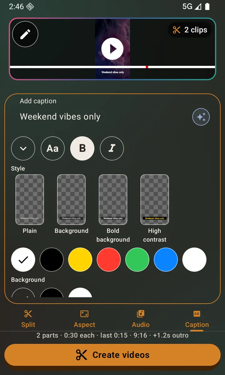 A yellow caption burned into a video preview with styling controls below