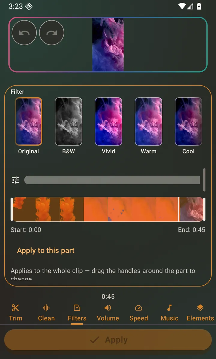 The video editor's Filters tab with the Vintage filter applied