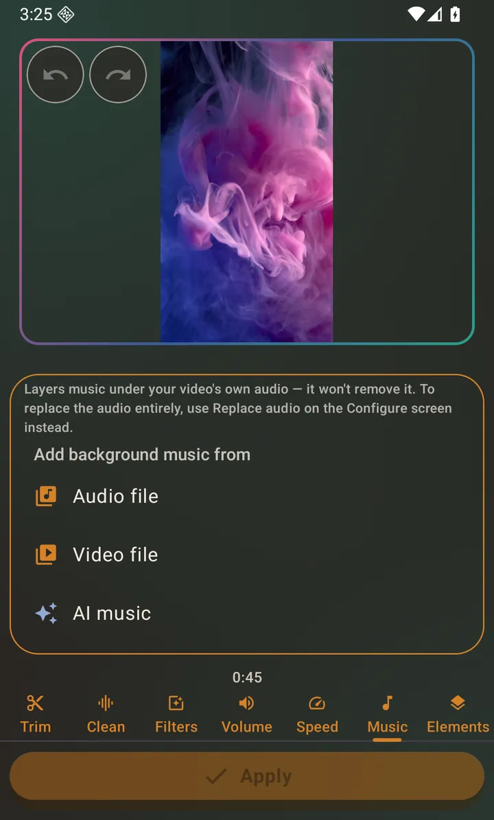 Music mixes rather than replaces — the note on screen says so.