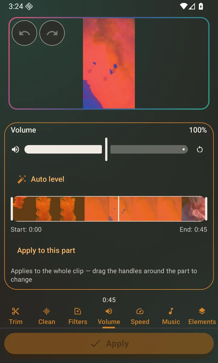 One gain slider, from silent to double, previewed live.