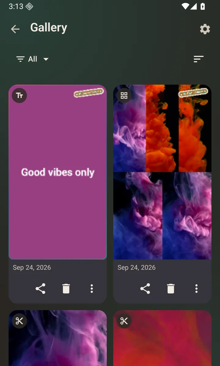 A saved text status in the Gallery, with its own card actions.