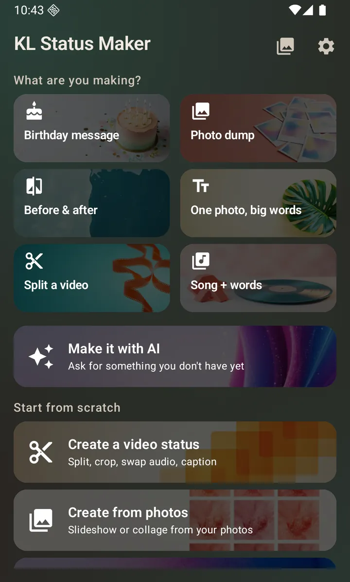 The KL Status Maker home screen, with a row each for video status, photo status, text/audio status and editing a video