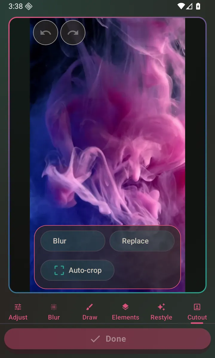The photo editor's Cutout tab offering background blur, replace and auto-crop