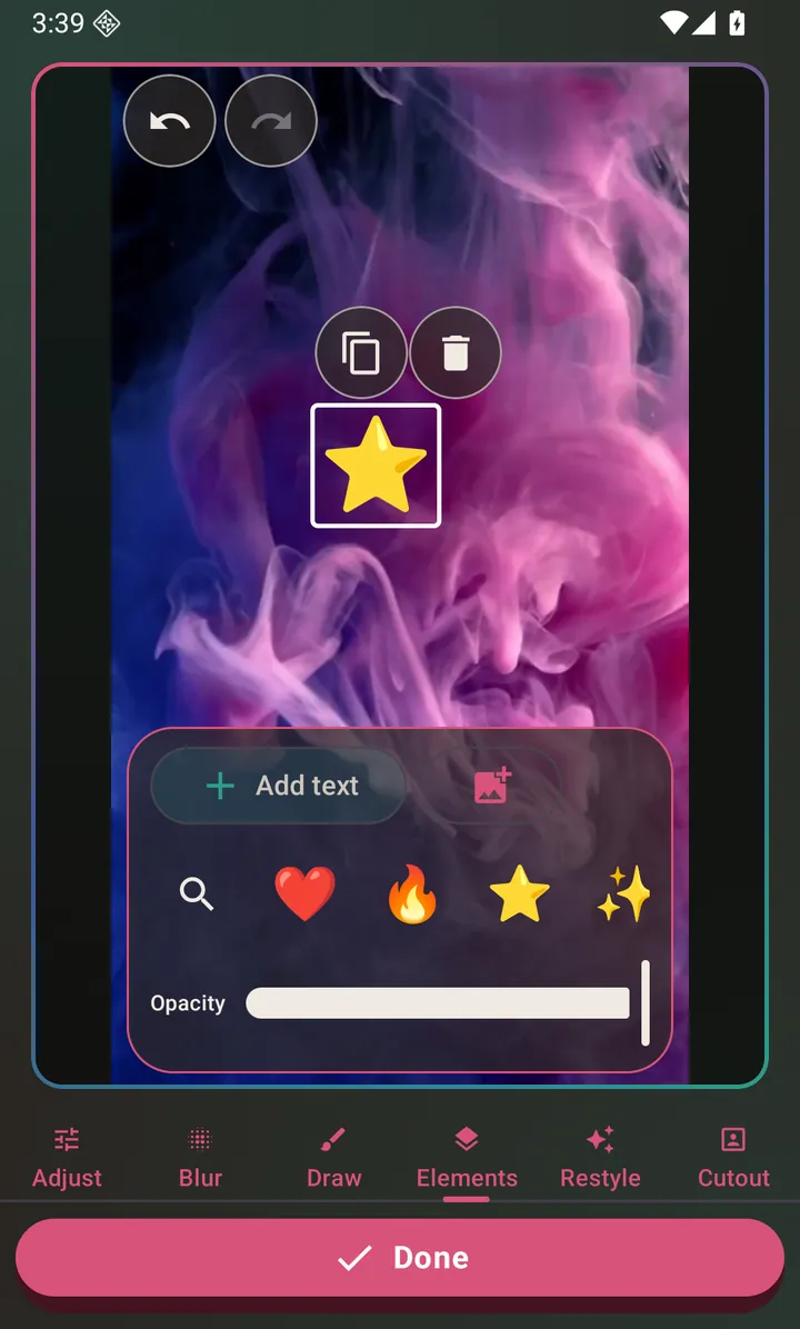 Text and stickers in one tab, dragged anywhere on the picture.