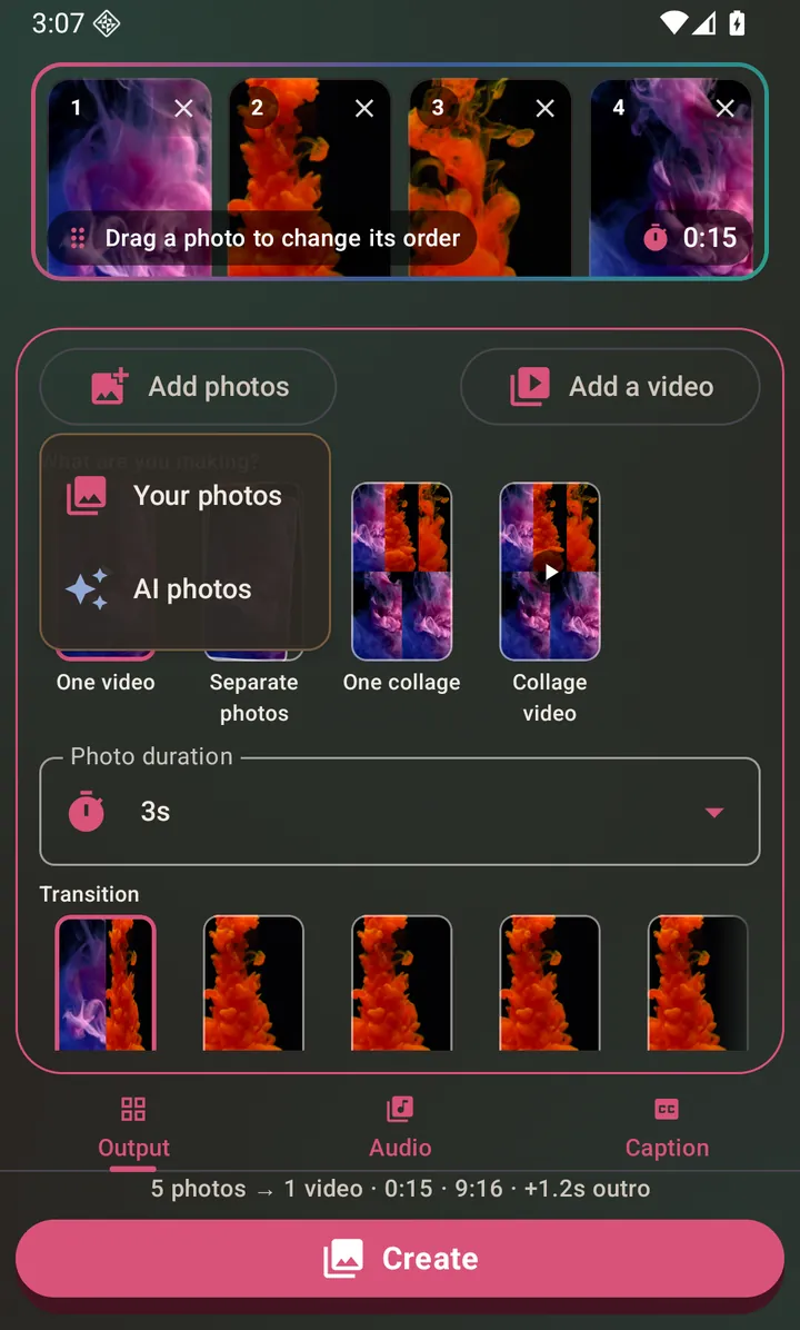 Add photos offers your own gallery or an AI picture.