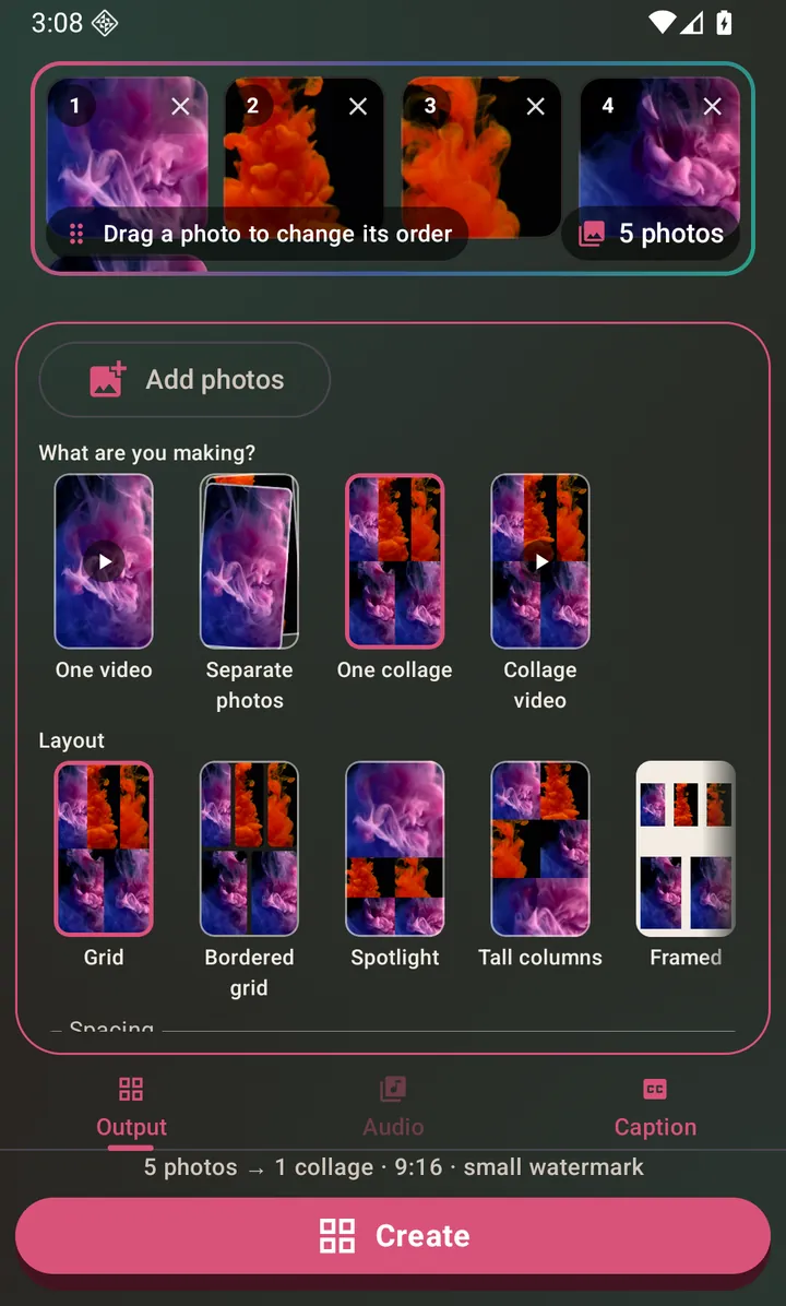 Collage mode, with its own Layout control.