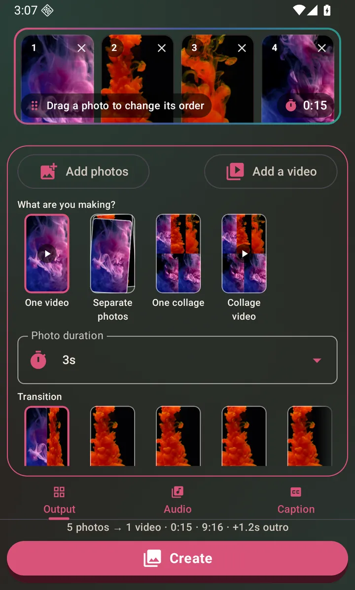 Five photos picked. Tap any thumbnail to edit that photo before it goes in.