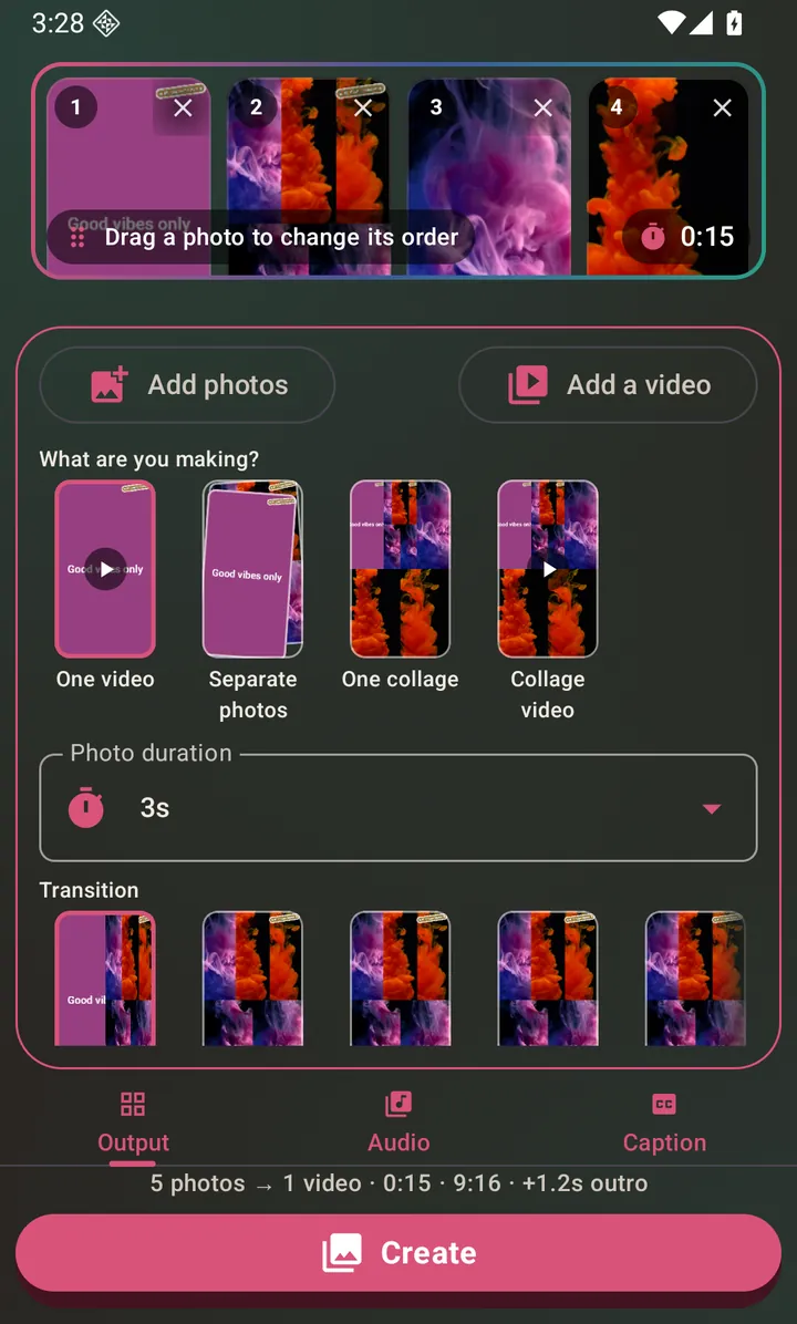 The photo flow with One video chosen, showing the transition row and the output summary
