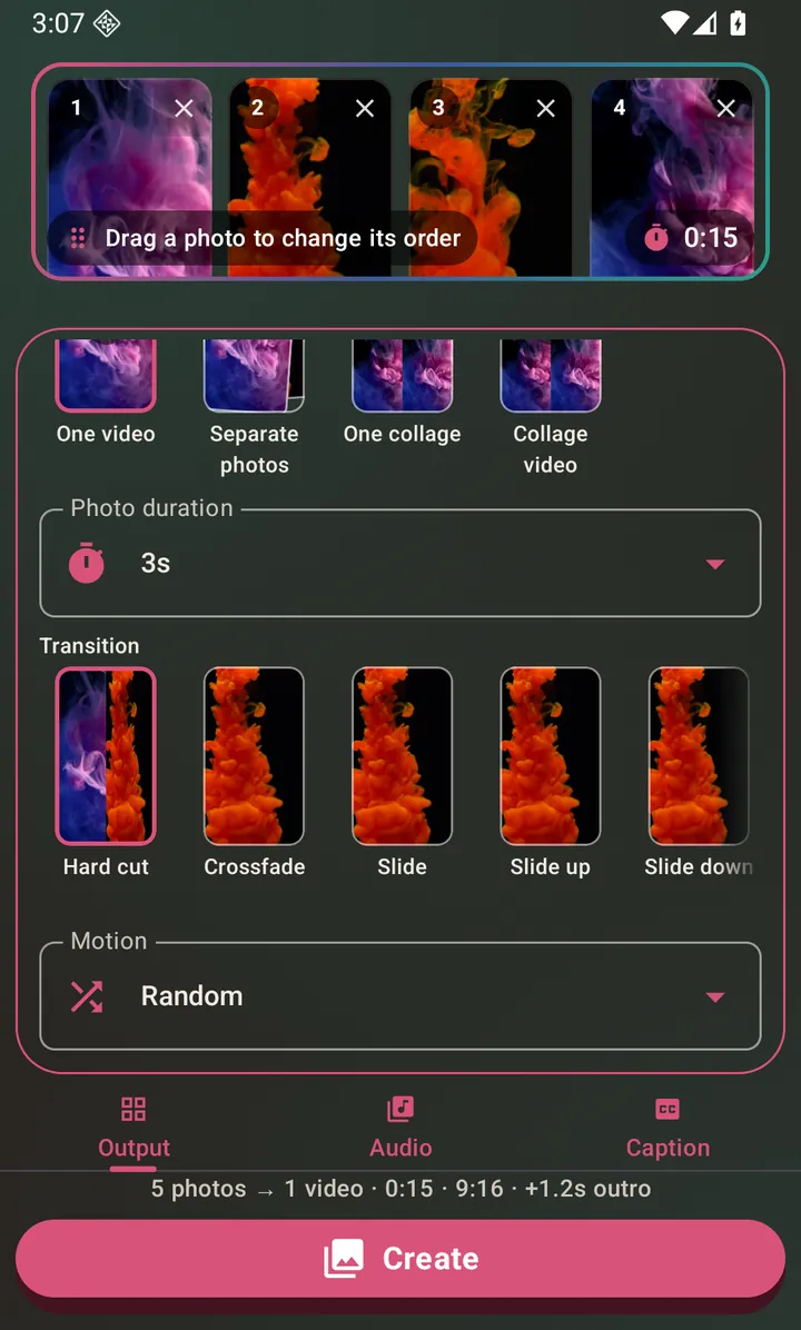The transition row, previewed on your own photos. Swipe it for the rest.