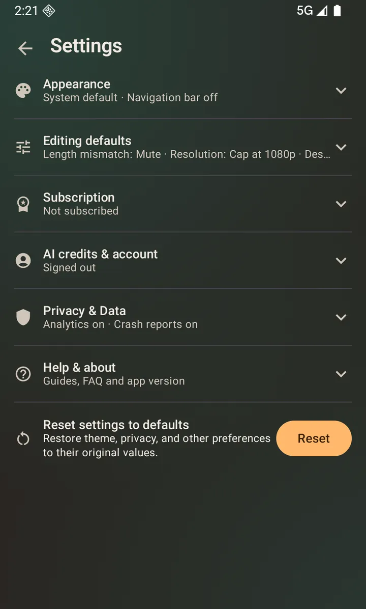 Settings, with each section collapsed until you need it.
