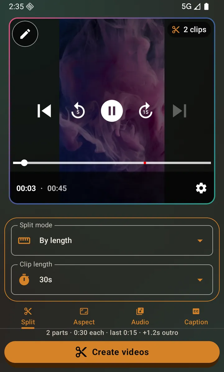 The Split tab set to By length with 30-second clips, showing a live clip count of 2