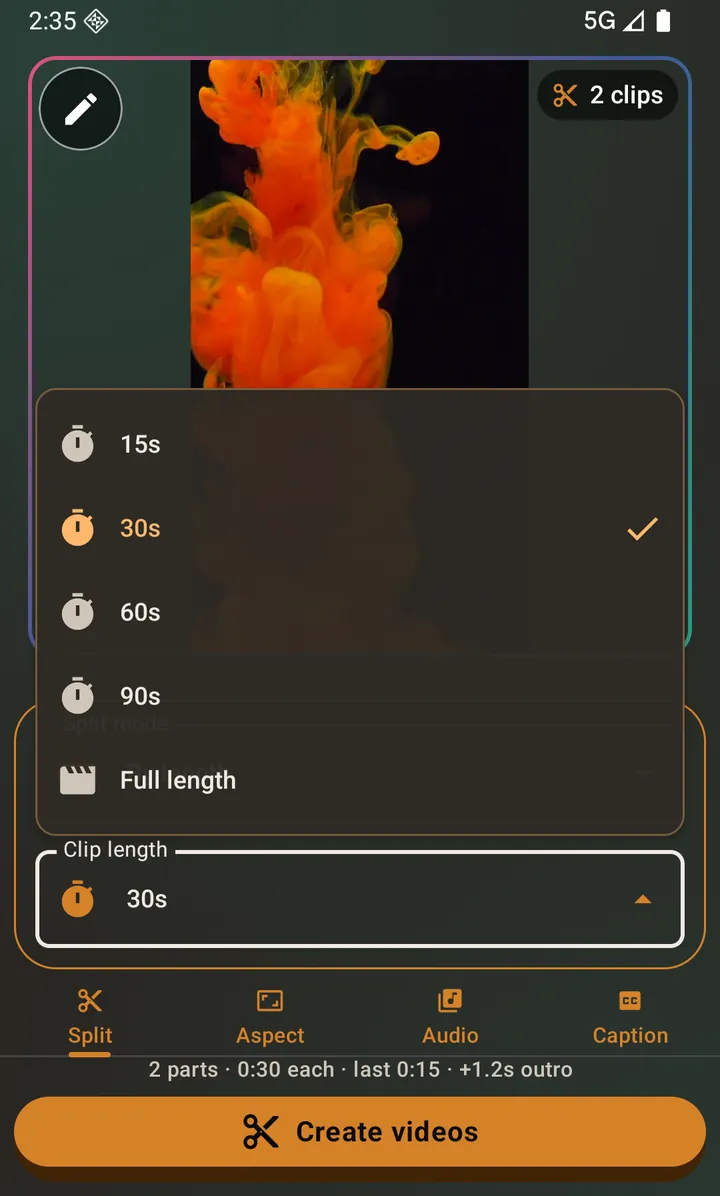 The Clip length dropdown: 15s, 30s, 60s, 90s, and Full length for one uncut clip.
