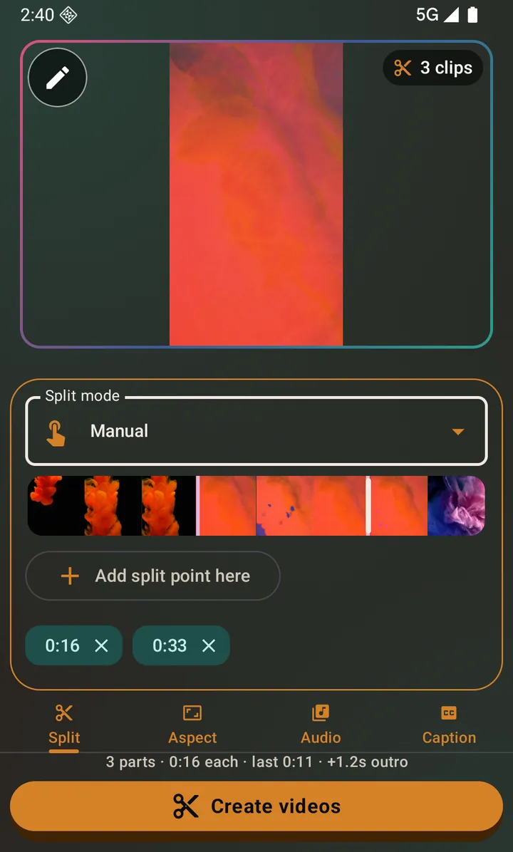 Manual mode: two split points at 0:17 and 0:33 make three clips.