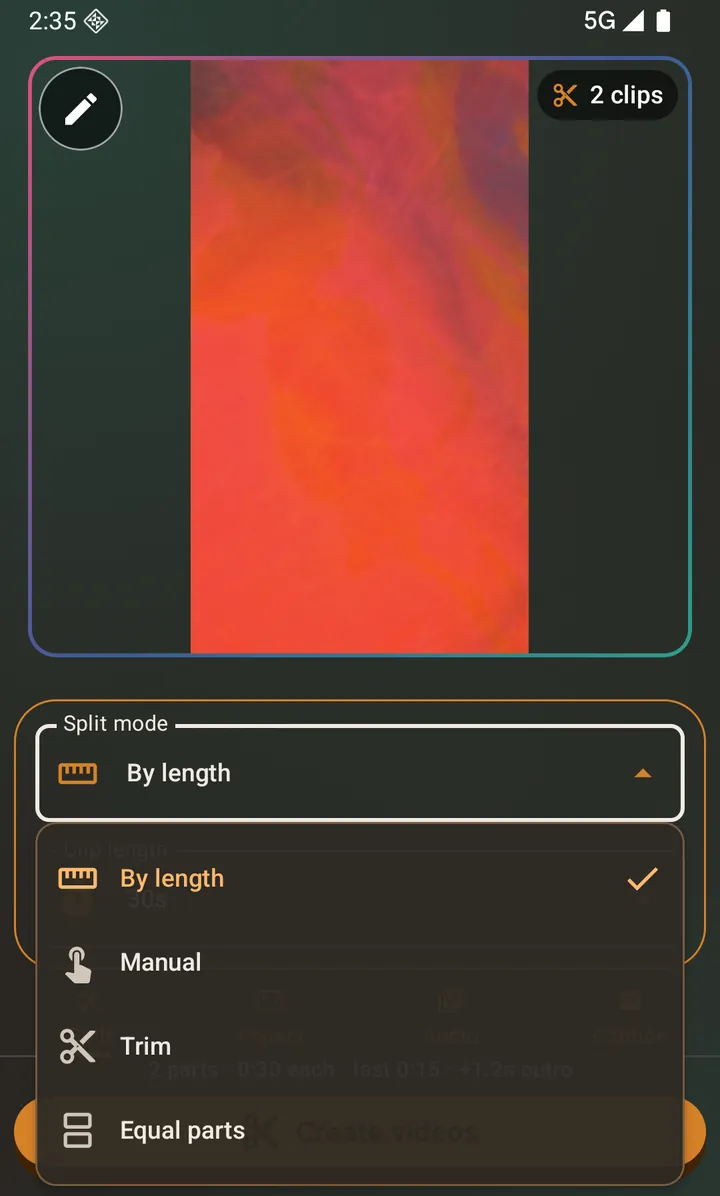 The Split mode dropdown: By length, Equal parts, Manual and Trim.