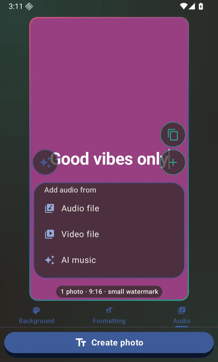 The Audio tab — attaching a track is what makes the output a video.