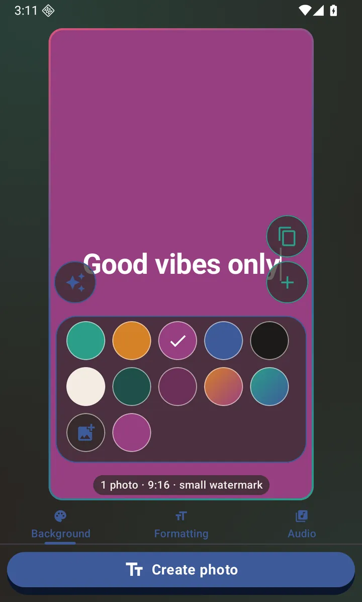A typed status on the purple theme. All ten theme swatches are on screen at once.