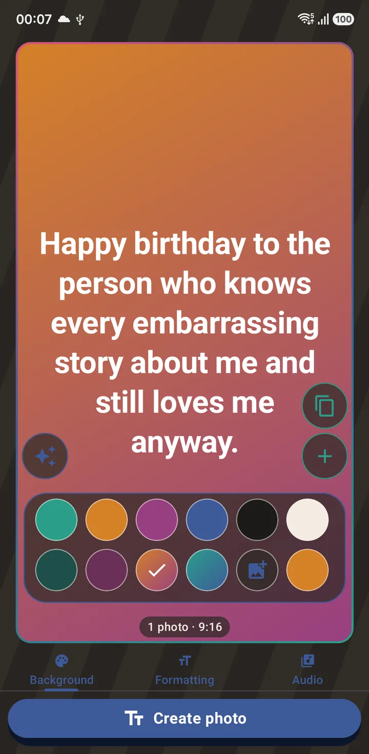 The chosen caption on a Text Status page, here on the Sunset gradient theme.